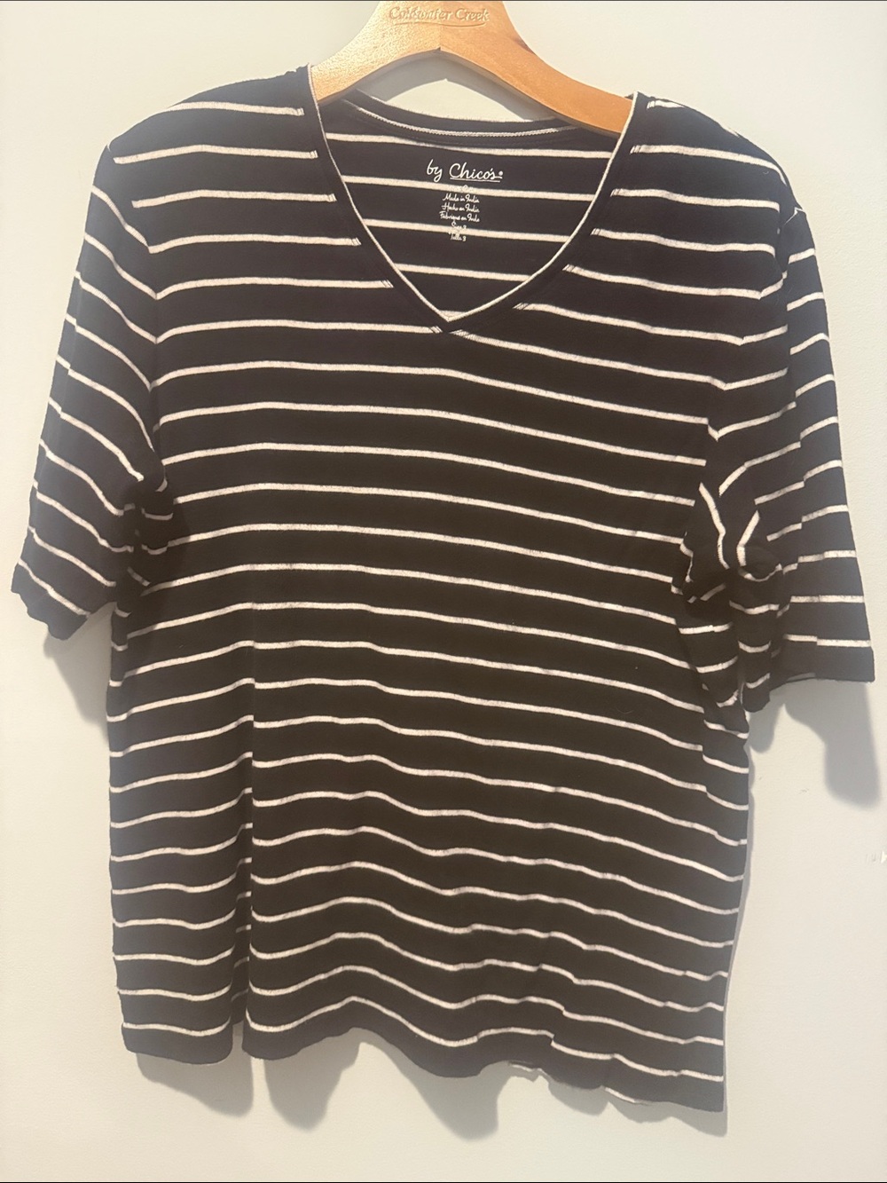 Chico's Women’s Black and White Striped V-Neck Tee
